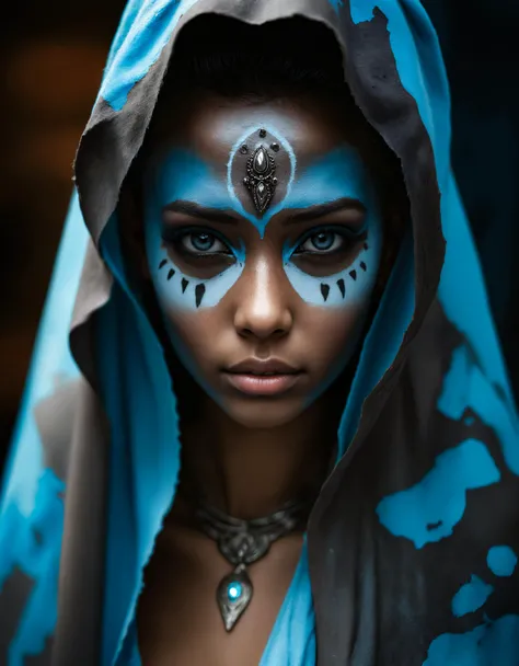 Close-up face, mysterious silhouette of an exotic coloured girl in worn down cape, light blue war-painted eyeshadow, goddess, alluring, 