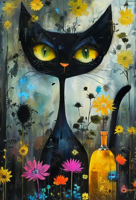 painting of a black cat with yellow eyes and yellow eyes