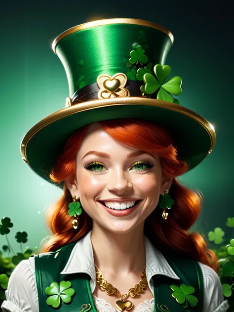 big smile female leprechaun, squinting, cocked hat, clovers, raining clovers, clover earrings, clover patterned vest, clover pendant, clover buttons, red hair, its fucking clovers everywhere and its windy, intricate details, frontal lighting <lora:xl_more_...