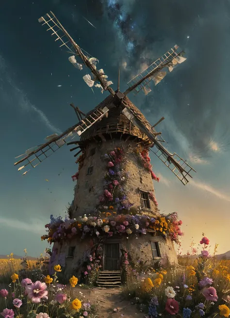 action,old windmill,wind,flowers,(side shot:1.3),bottom view,on the ground,evening,particles,rotation,galaxies in the sky,ral-dryflwrs,8k,F2.8,RAW Photo,ultra detailed,<lora:ral-dryflwrs-sdxl:1>,<lora:The_Dark_Side_of_the_Earth:0.8>,