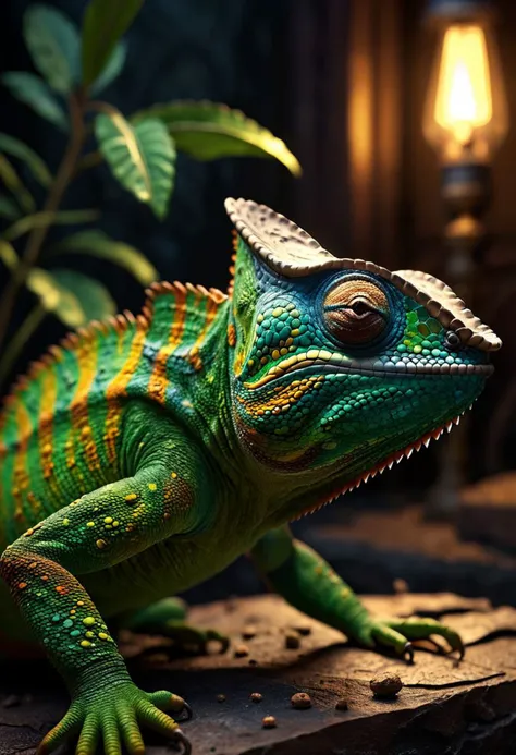 photo of a chameleon cinematic lighting, extremely detailed, high detail, hires textures, incredibly detailed, intricate details, intricate diorama, masterpiece, outstanding intricacies, photorealism, true masterpiece,  beauteous, Intricately designed