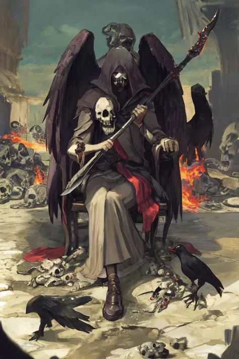 Death holding a scythe,  surrounded by skulls, a crow is sitting on shoulder, photorealistic , clear, colorful, ultra quality, 8k, best quality, masterpiece,midjourneyv6.1