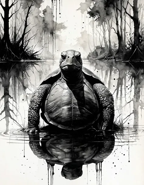 a turtle humanoid, Style of stephen gammell, watercolors, black and white, swamp, shadowy creatures, dripping, infected