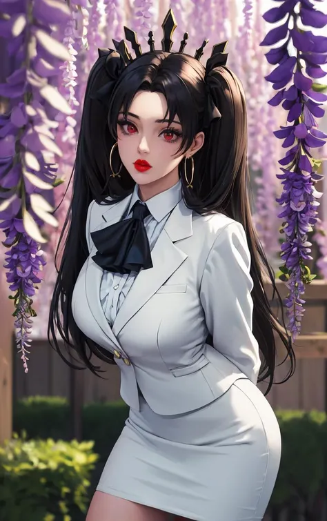 (masterpiece, best quality:1.4), insaneres, absurdres, solo, looking at viewer,BREAK 
BusinessSuit_Ishtar_ownwaifu, 
1girl, ishtar (fate), red eyes, jewelry, long hair, hoop earrings, twintails, parted bangs, hair ribbon, breasts, crown, lipstick, red lips...