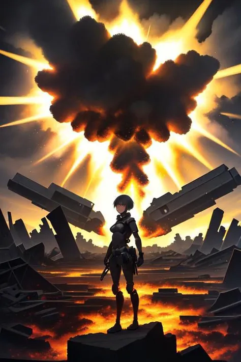 1girl, Onyx,  inside (( A thunderous explosion rips through the surroundings scattering debris in all directions )), Post-apocalyptic wasteland, high quality, absurdres, <lora:add_detail:0.8>