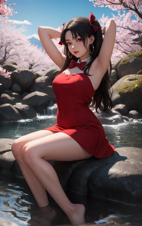 (masterpiece, best quality:1.4), insaneres, absurdres, solo, looking at viewer,BREAK 
Dress_Ishtar_ownwaifu, 
1girl, ishtar (fate), jewelry, hoop earrings, red eyes, black hair, two side up, tohsaka rin, hair bow, parted bangs, ishtar (fate)
red dress, red...