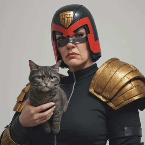 score_9, score_8_up, score_7_up, score_6_up, source_anime, 1girl, judge dredd, armor, helmet, scowling, black visor, mature woman, breasts, holding a cat,