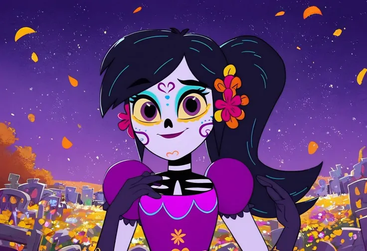 score_9, score_8_up, score_7_up, 1girl, solo, Catalina la catrina, black hair, ponytail, hair flower, yellow sclera, purple skin, purple eyes, makeup, bodypaint, medium breasts, purple dress, puffy sleeves, black gloves, dynamic angle, night sky, stars, wi...