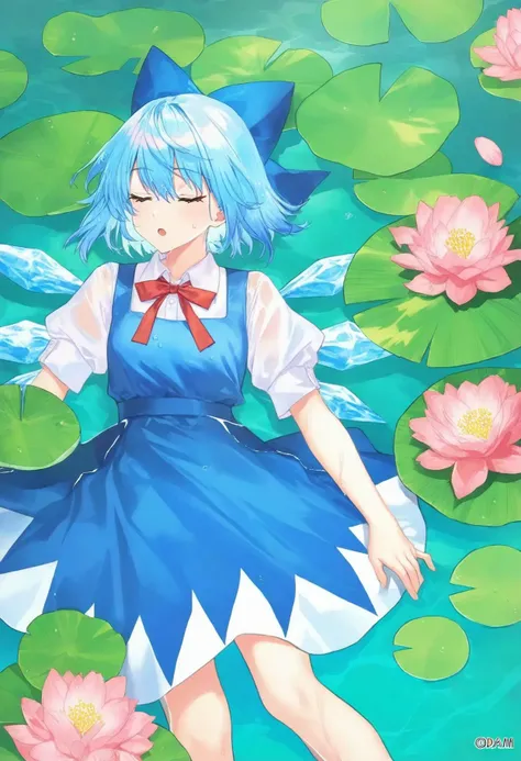 newest, absurdres, highres, sensitive, 1girl, cirno, solo, blue hair, closed eyes, short hair, blue bow, wings, short sleeves, bow, watermelon, ice, flower, water, skirt, ice wings, fruit, food, shirt, hair bow, puffy sleeves, lying, partially submerged, p...