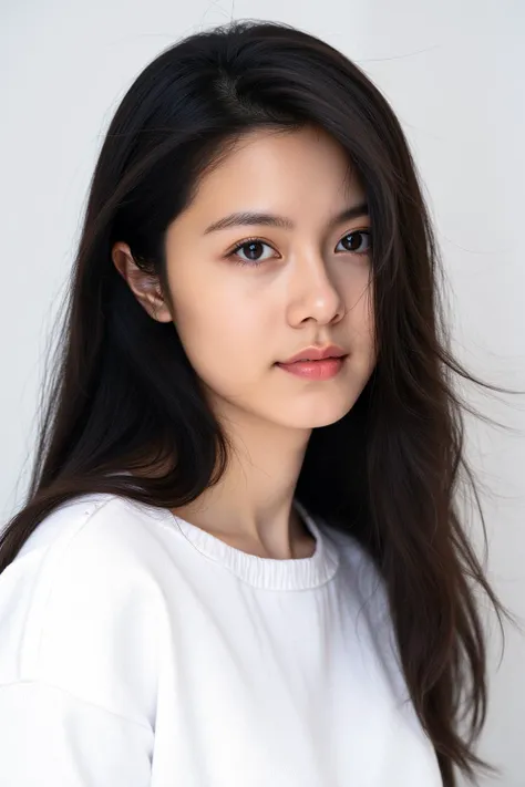 a woman with long hair, pink lips, wearing a white top, posing for a picture










 








