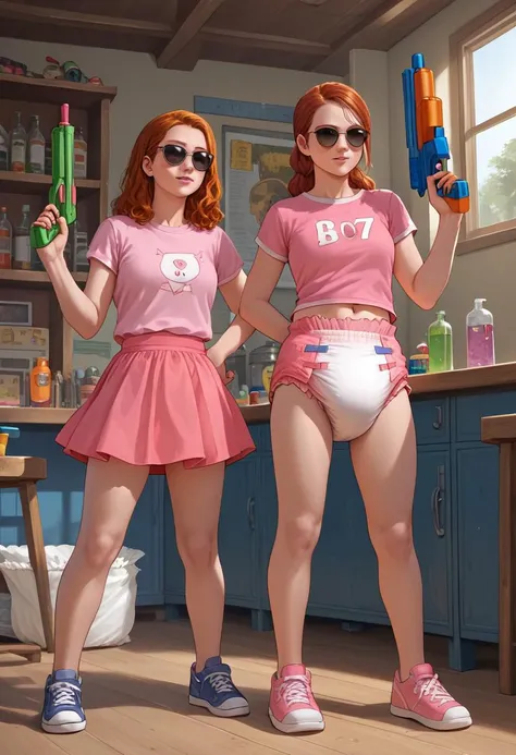 score_7_up, best quality, detailed, studio lighting, adult, 2girls, redhead, pink skirt, pink shirt, sunglasses, wearing diapers, visible diaper, holding water guns, indoors, bank, robery, big vault