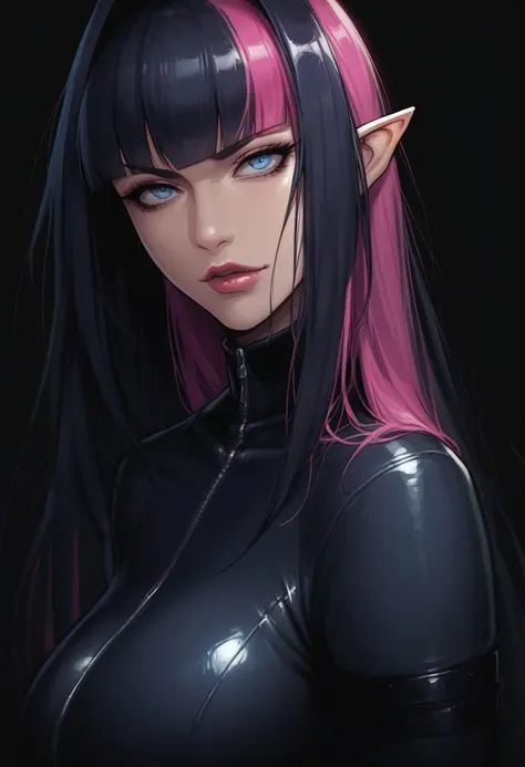 score_9, score_8_up, score_7_up, score_6_up,  demon, horns, crystal skin, large breasts, round breasts, 1girl, Annerose, pointy ears, black hair, blunt bangs, blunt ends, colored inner hair, hime cut, long hair, medium bangs, multicolored hair, pink hair, ...