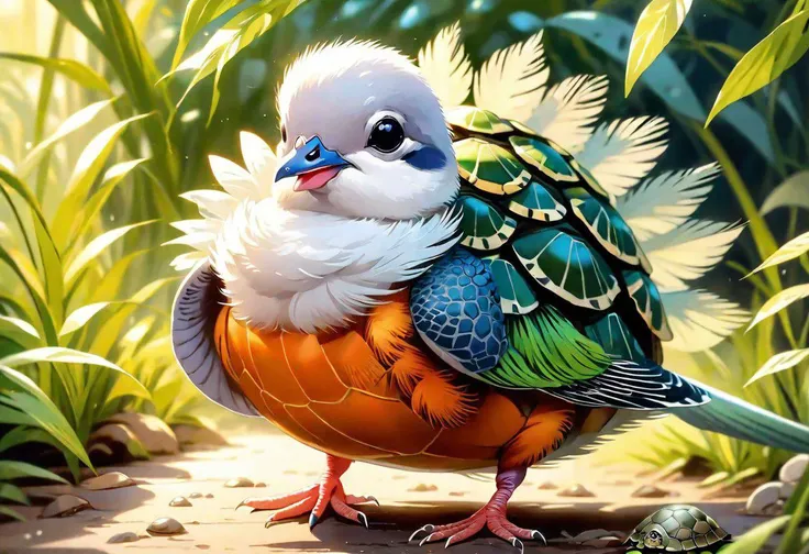 (masterpiece),(highest quality),highres, (extremely detailed), cute messenger pigeon, fat messenger pigeon, turtle, turtle bird, cute turtle, bird with turtle shell, sweet expression, baby bird, messenger pigeon being held, turkey tail,  cuddly, pretty dov...