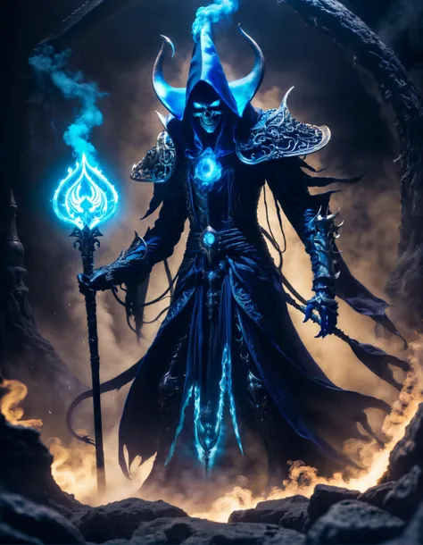 close-up of eldritch lich from side in action pose surrounded by void magic looking at viewer, (intricate details), (****), eldritch, (nightmare), insane, horror (theme), glow, glowing eyes, death, bones, blue magic smoke, toxic, glowing eyes, volumetric l...