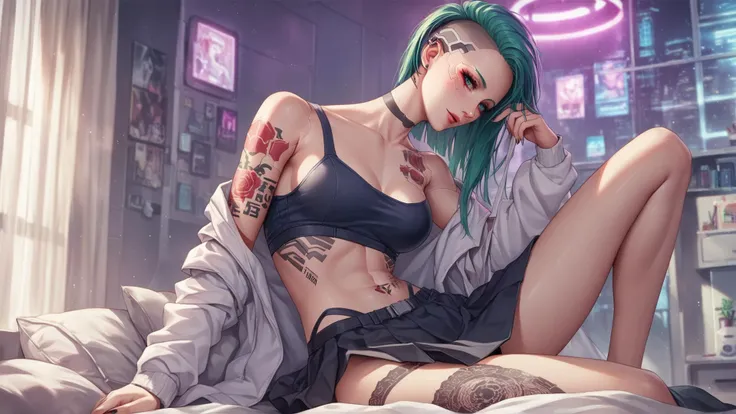 score_9, score_8_up, score_7_up, source_anime, highest quality, ultra-detailed, (masterpiece:1.3), cyber punk style, in a hotel room, (1 girl in cyberpunk style:1.2), tattoos,