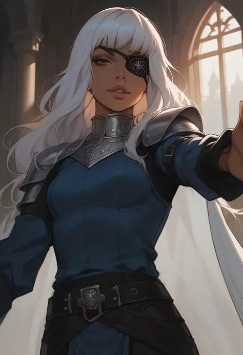 score_9, score_8_up, score_7_up, score_6_up, solo, white hair, tan skin, (big lips:0.8), bangs, blue shirt, sleeves, small breasts, indoors, castle, dark eyebrows, proud, detailed, confident, toned body, belts, duelist, elegant, fancy clothing, (close up:1...