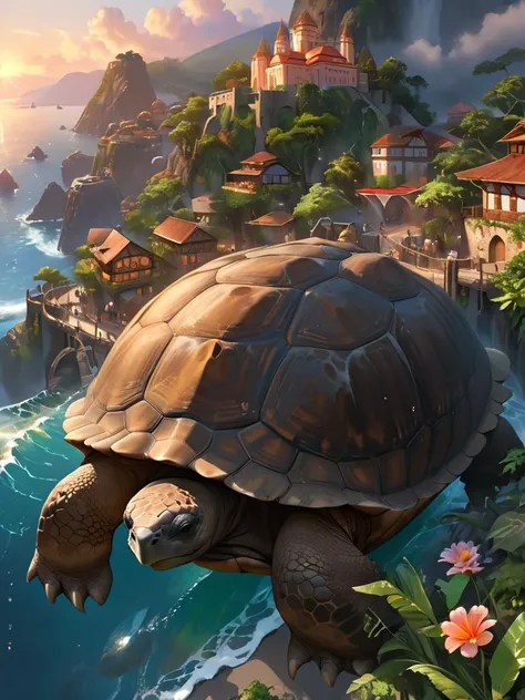 (masterpiece:1.3), (highly detailed:1.3), (highres:1.1), best quality, Ultra-detail, (masterpiece, best quality), Hyper-realistic scene of a giant ancient tortoise with a city built on its back. The tortoises shell is covered in lush, dense forest with tow...