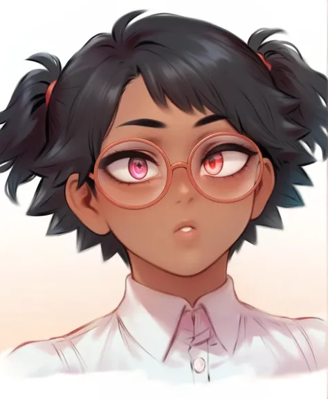 score_9_up, score_8_up, score_7_up, solo focus, dynamic pose, portrait, headshot, glasses, short hair, black hair, two side up, pink eyes, dark skin, dark-skinned female, large breasts
, gradient background, <lora:SameShpoStyleV4XL-10EP:1>, ShpoStyleV4XL