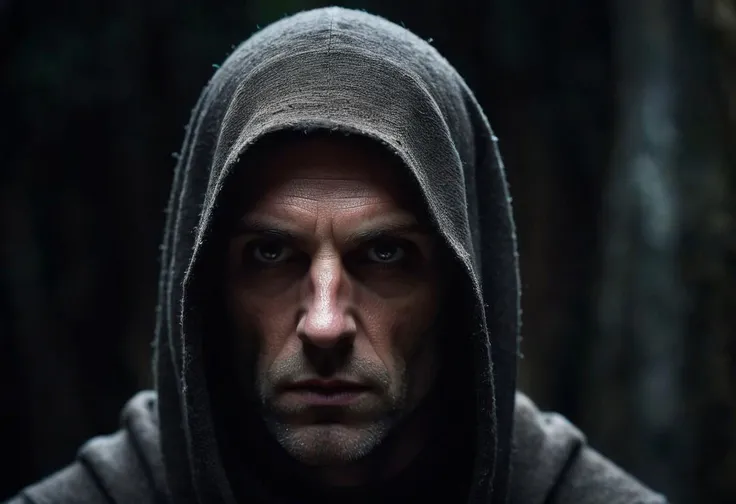 Professional photograph featuring a close-up of a Gregorian monk with a contemplative expression. He has fair skin. The hood is draped over his head. His eyes are wide open, gazing upwards. The background is blurred and out of focus, consisting of dark, mu...