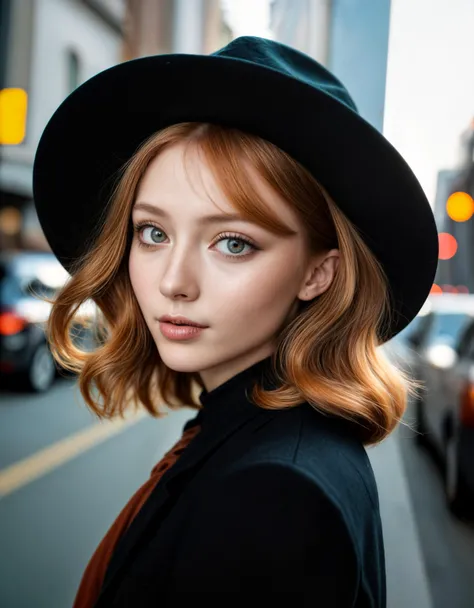 20 year old, blush, exotic, seductive, smirk, fashion, model, fine art photography, iconic, dynamic pose, macro, by Don Lawrence and (Nikolai Lockertsen:0.8) , photograph, (Aunt:1.3) , Fantasy, in awe, in Fluffy Dark Hat, Ginger hair styled as The comb-ove...