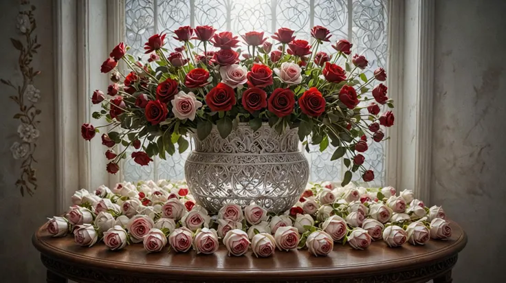 background black to gray ,RAW photo, realistic, masterpiece, photorealistic, hyperrealistic,window,(Volumetric light, light beam),roses in a vase on a table,(Red glass crystal vase) ,trending on cg society, rococo, red brown and white color scheme, stunnin...