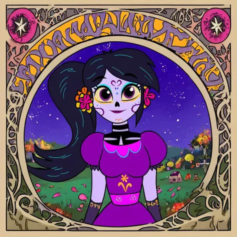 art nouveau, 1girl, solo, Catalina la catrina, black hair, ponytail, hair flower, yellow sclera, purple skin, purple eyes, makeup, bodypaint, medium breasts, purple dress, puffy sleeves, black gloves, dynamic angle, night sky, stars, wind, windy, falling p...