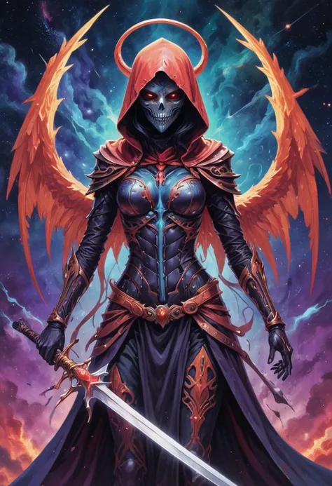 cosmic angel of death wielding swords, female figure, hood and mask, modern, vibrant colors, outer space