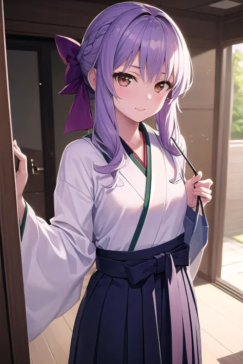 masterpiece, best quality, ultra-high-detailed,  1girl, Shinoa Hiiragi, purple hair, braided hair, purple ribbon, hakama