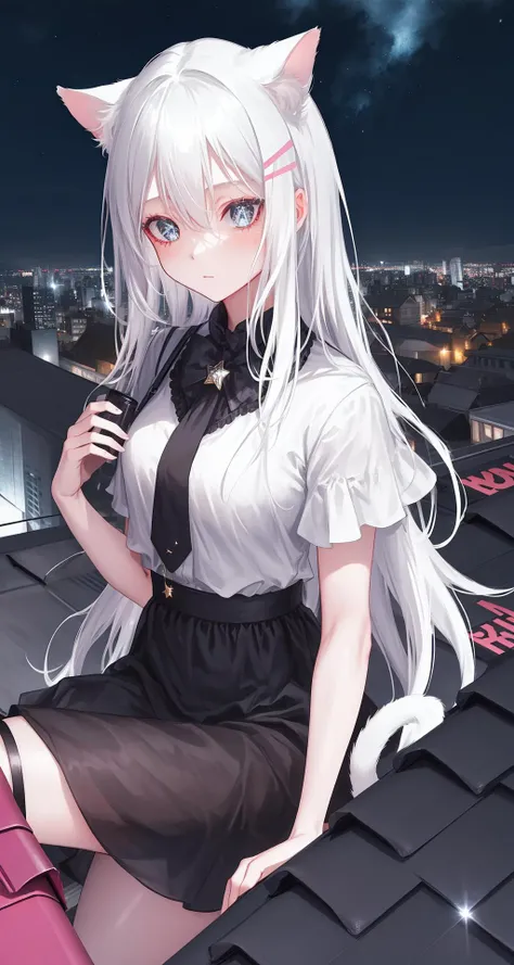 masterpiece, best quality,(hip focus:1.2),cat ears, 1girl, white hair, long hair, sparkling eyes, city, night, neon lights, skyscraper, (rooftop:1.3),starry sky,