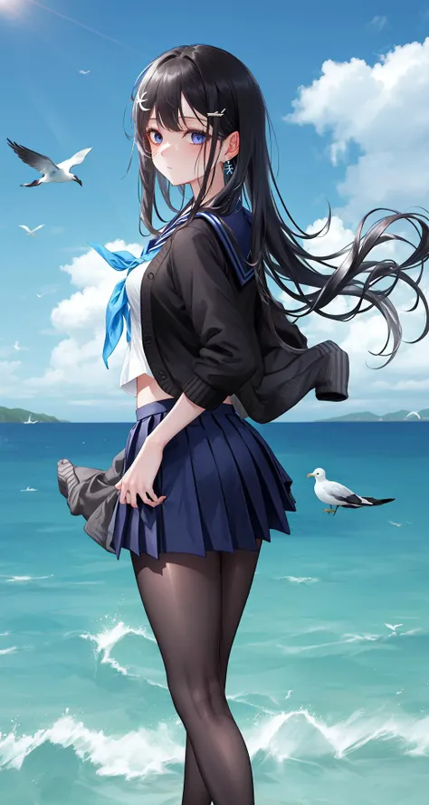 masterpiece,best quality,depth of field,lens flare, (motion blur:1.3), dynamic pose,
1girl, long hair, skirt, pantyhose, school uniform, bird, black hair, sailor collar, serafuku, solo, black skirt, pleated skirt, x hair ornament, looking at viewer, black ...