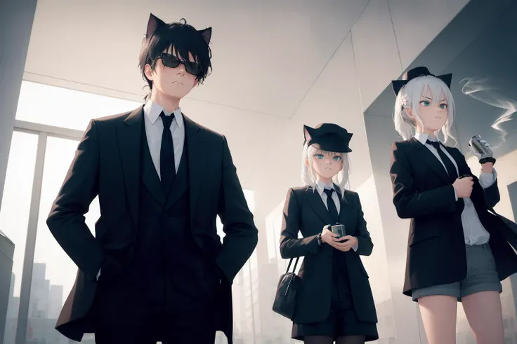 best quality, masterpiece, (from below, symmetry:1.2), close-up, telephoto,
sunglasses, necktie, animal ears, gloves, 1girl, white hair, and 1girl, black hair, shirt, suit, formal, official alternate costume, long hair, cigarette, hat, cat ears, jacket, wh...