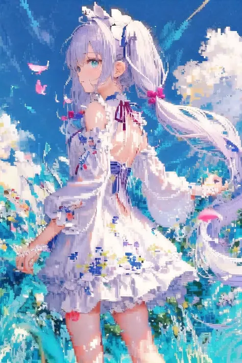 [(pixel art:1.7),(best quality),(Depth of Field:1.2),sunshine,Bloom,(petite:1.3) Beautiful detail sky,(altocumulus),(Chinese Star Jasmine),(flying petal:1.3),(flying butterfly)): ([hatsune miku],girl,(solo:1.4),wet body,Translucent body,(full body),from be...