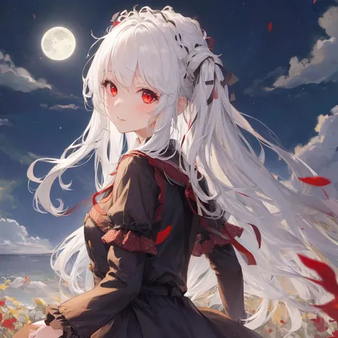 1girl, White hair, long hair, red eyes,Look back,At night, the moon