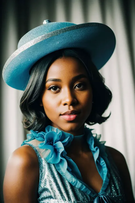 stunning authentic modern muted color raw photo, (sfw:1.2) somali 1girl, as a confused queen, organza cosplay outfit with (burlesque blouse) and (glitter petticoat), (tight vest), (azure hat), parted lips, open mouth, looking at the viewer, (from above:0.8...