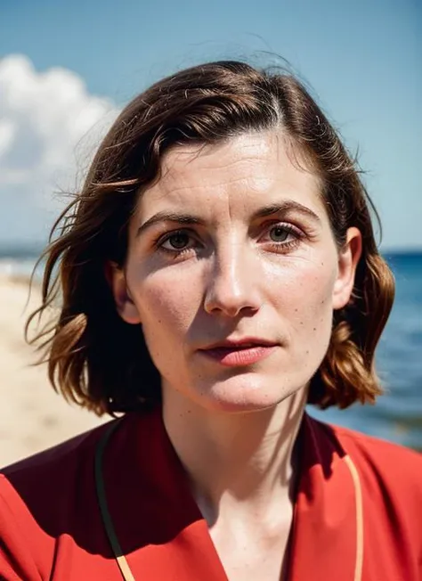 A stunning intricate color close up portrait of (sks woman:1) , wearing Sailor dress and wedges, epic character composition, sharp focus, natural lighting, subsurface scattering, f2, 35mm, film grain, , by Gerda Taro, <lora:locon_jodiewhittaker_v1_from_v1_...