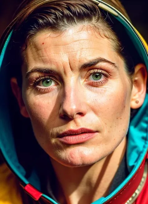 A stunning intricate color close up portrait of (sks woman:1) , wearing Overalls, epic character composition, sharp focus, natural lighting, subsurface scattering, f2, 35mm, film grain, , by Guy Bourdin, <lora:locon_jodiewhittaker_v1_from_v1_64_32:1>