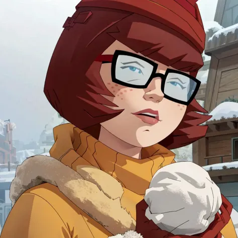 <lora:velmadinkley-10:0.8>velmadinkley,glasses,red hair,(detailed face,detailed body),(winter hat,gloves), face focus,2D,(background ,winter,snow,street,flakes),(snowball in hand)