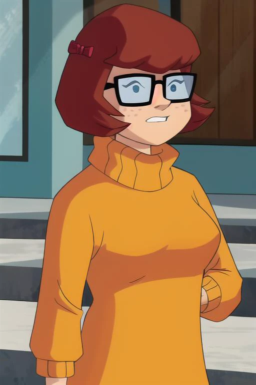 (8k, RAW photo, best quality, masterpiece:1.2), (intricate details), (best quality), (highres), ((perfect eyes)), perfect face, perfect lighting, vivid colors, intense colors, 1girl, cartoon style, velmadinkley,  <lora:velmadinkley:0.85>, glasses, orange s...