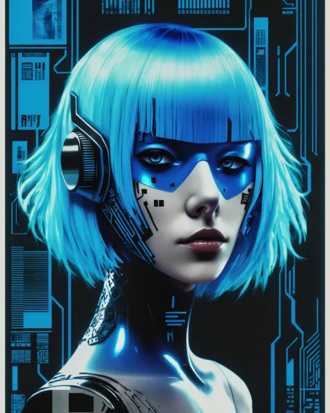 cyberpunk graphics, (( a woman with a blue wig and a black mask ))<lora:cybergraphic_sdxl:1.0>