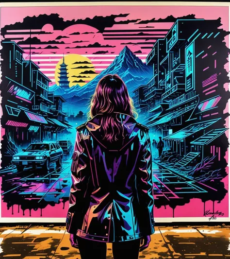 (Cheryl Tiegs,a girl with a beautiful face), nighttime, cyberpunk city, dark, raining, neon lights, ((Wearing a blazer over a hoodie)), blazer, hoodie,(cyberpunk 2077 cityscape), (<lora:DFunk_SDXL:0.5> ,<lora:cybergraphic_sdxl:0.5>), cyberpunk 2077, cyberp...