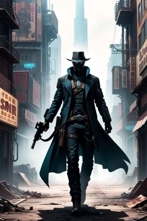 An west comics style illustration of a cyberpunk showdown, gunslinger dressed like (in a wild west:cyberpunk:0.6) movie, tense atmosphere, on a dirty side street of a cyberpunk megapolis <lora:xl_more_art-full_v1:0.5>  ZIP2D  <lora:cybergraphic_sdxl:1>