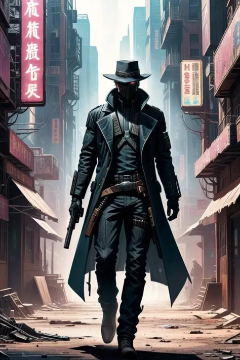 An west comics style illustration of a cyberpunk showdown, gunslinger dressed like (in a wild west:cyberpunk:0.6) movie, tense atmosphere, on a dirty side street of a cyberpunk megapolis <lora:xl_more_art-full_v1:0.5>  ZIP2D  <lora:cybergraphic_sdxl:1>