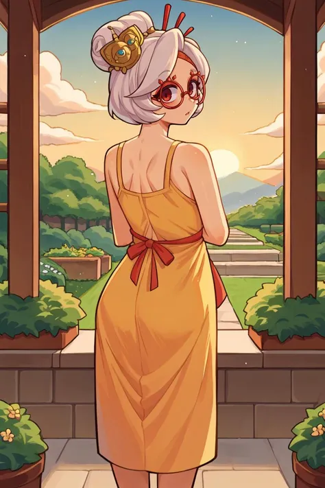 score_9, score_8_up, source_anime, 1girl, solo <lora:purah-pdxl-nvwls-v1-000005:1> purah, hair ornament, red glasses, yellow sundress, from behind, garden, sunset, looking at viewer