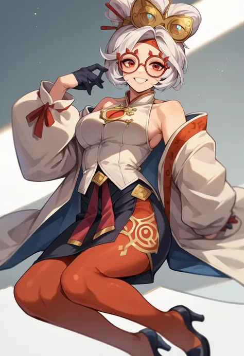 score_9, score_8_up, score_7_up, score_6_up, score_5_up, score_4_up, BREAK 1girl,  <lora:purah-pdxl-nvwls-v1:.95> purah, hair ornament, red headband, red glasses, sleeveless shirt, white coat, black skirt, red leggings, gloves, high heels rating_questionab...