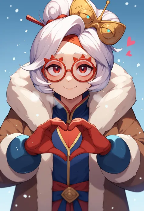 score_9, score_8_up, score_7_up, score_6_up, score_5_up, score_4_up, BREAK outside,snowing,purah,hair ornament, red headband, red glasses,fur coat,breath,mittens,heart hands,slight smile <lora:purah-pdxl-nvwls-v1:0.8>