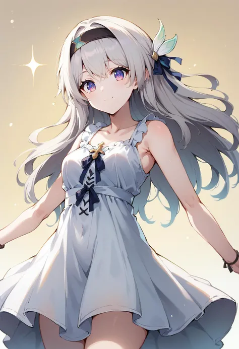 score_9, score_8_up, score_7_up,
BREAK
source_anime,
BREAK
(1girl, solo, solo focus),
fireflycus, sundress , headband, hair ornament, silver hair, 
dynamic pose ,
smile,
from below 
<lora:Firefly-v2.5.3-PDXL:1>