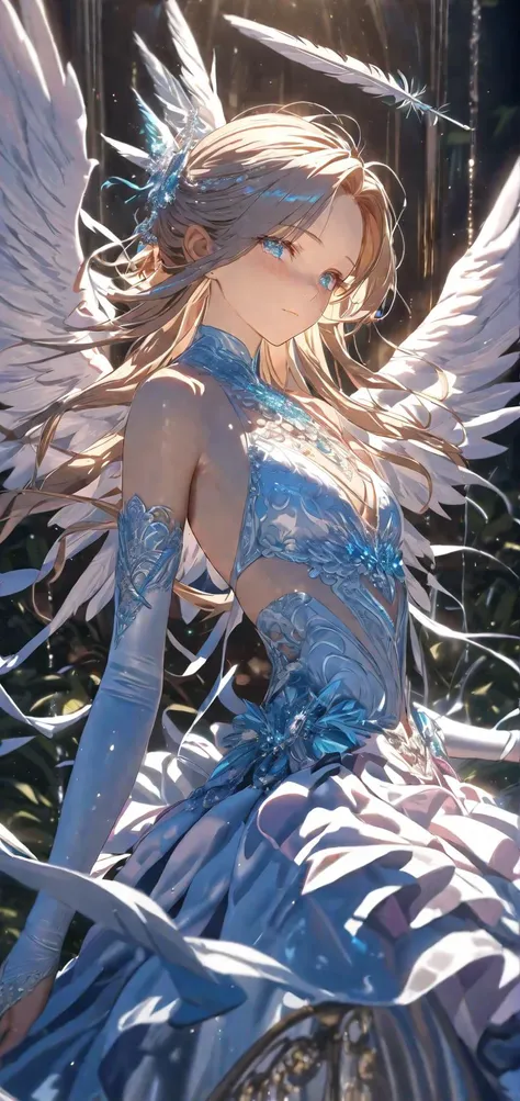 a woman in a blue dress with wings and a blue dress