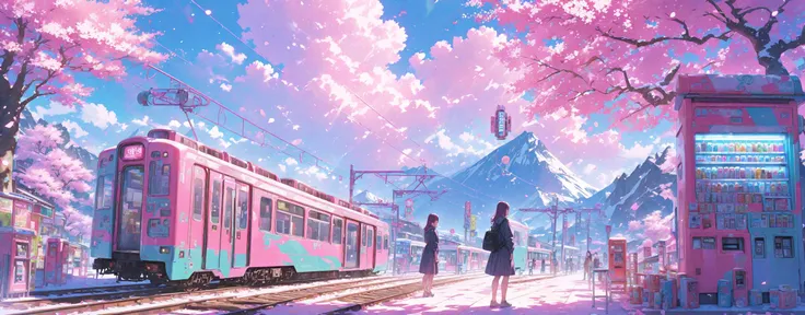 masterpiece,ultra realistic,32k,extremely detailed CG unity 8k wallpaper,best quality,wide shot,,mystical,fanatic,intricate,surreal,delicate,lofi color,neon color,
landscape, vntrainstation station, train, vending machine, sakura tree, bokeh, anime style, ...