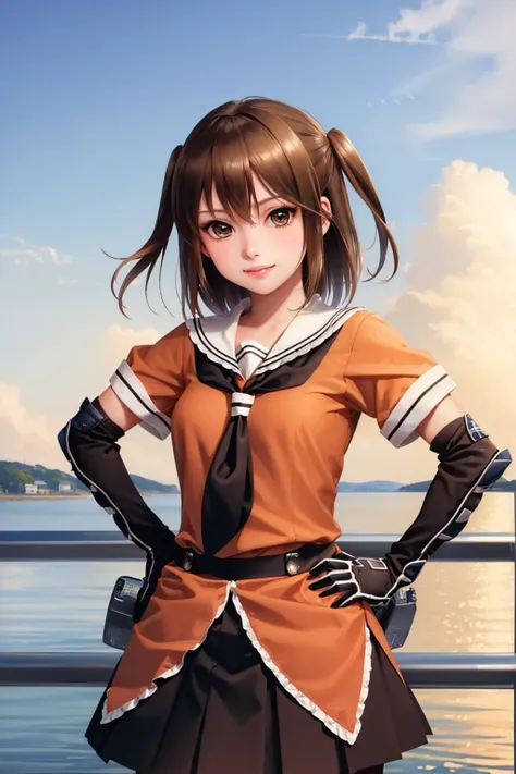 (masterpiece, best quality:1.2), <lyco:kancolle_sendai-10:1.0>, cowboy shot, solo, 1girl, sendai, smile, looking at viewer, hand on hip, two side up, school uniform, serafuku, neckerchief, skirt, elbow gloves