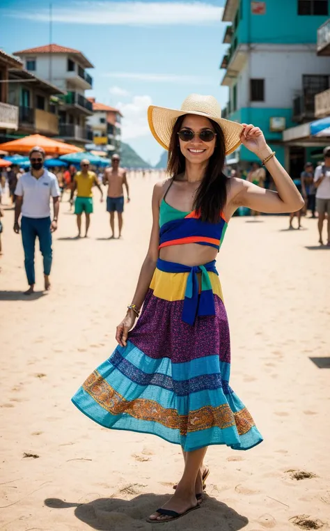 a woman in a colorful dress and hat on a beach